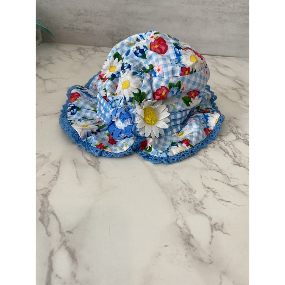 Mayoral Baby Hat Sz 12m Blue Gingham Flowers Ruffle Girly Summer Cottage